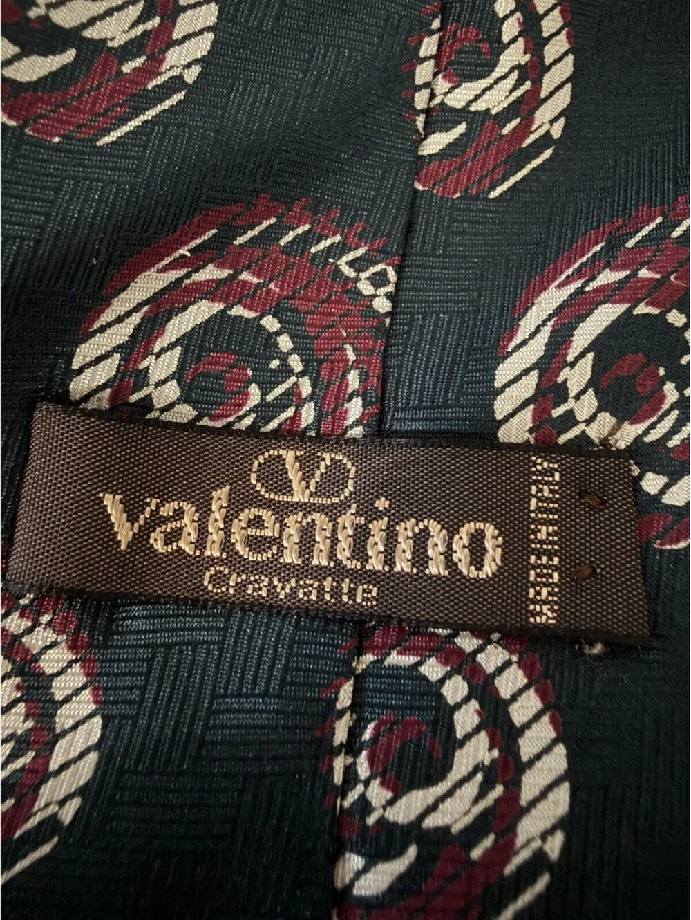 Valentino Cravatte Tie Green Burgundy Swirl Print Silk Italy Vtg